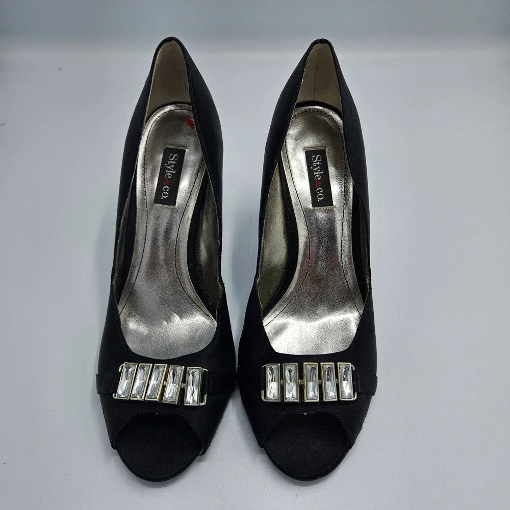 Style & Co Black Satin Peep Toe Crystal Embellished Evening Pumps Heels 7.5